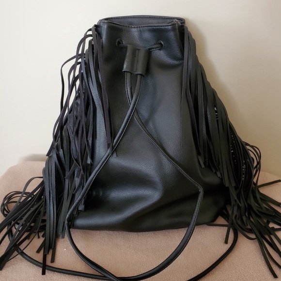 black leather fringe backpack Chic Checklist Fringe Backpack In Black